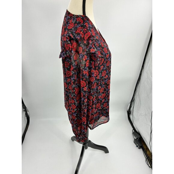 Banana Republic Womens Size M Black Red Floral V Neck Ruffle Sleeve Sheer Blouse - Picture 3 of 6